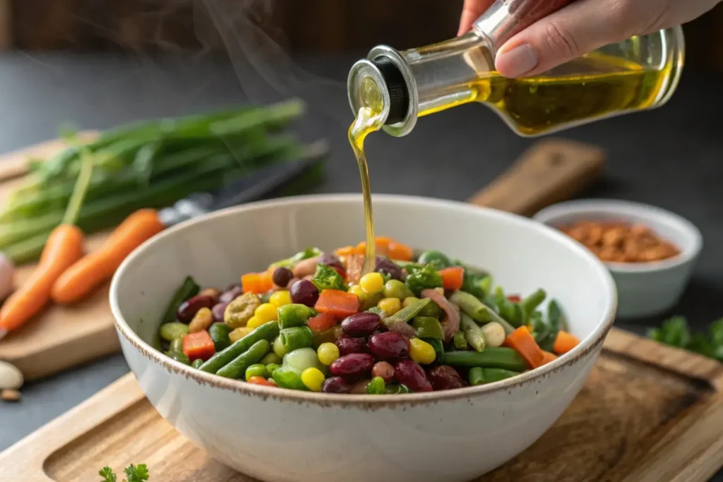 Pouring vinaigrette over dense bean salad