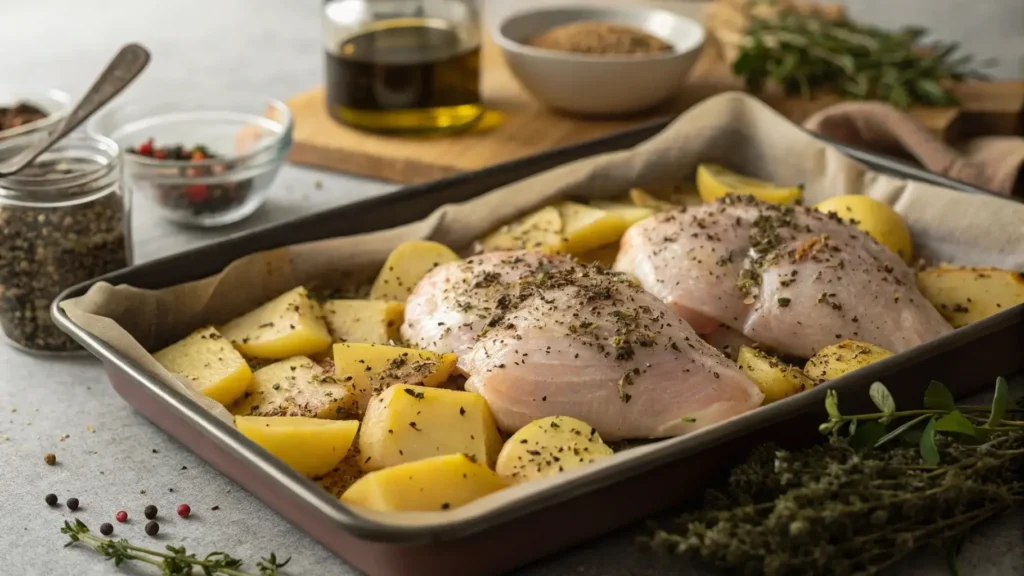 Seasoning chicken and potatoes recipe with herbs and spices