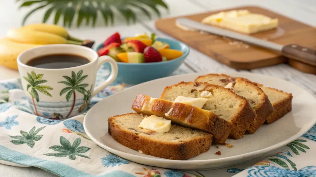 Serve Hawaiian banana bread recipe with butter and coffee