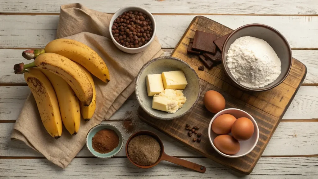 Ingredients for banana bread brownies recipe on a wooden table