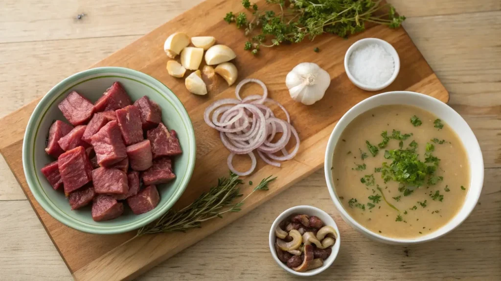 Ingredients for cube steak crock pot recipe on a countertop