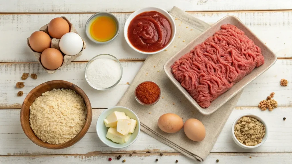  Ingredients for Lipton onion soup meatloaf on rustic table