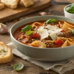 Delicious crockpot lasagna soup recipe with fresh garnish