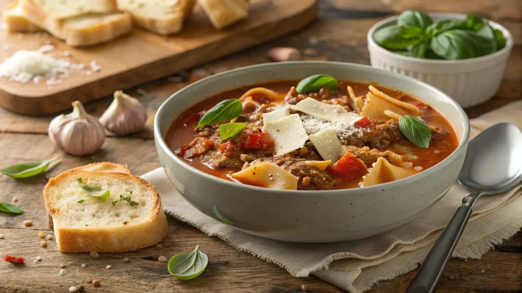 Delicious crockpot lasagna soup recipe with fresh garnish