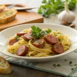 Delicious kielbasa and pasta recipe with fresh garnish