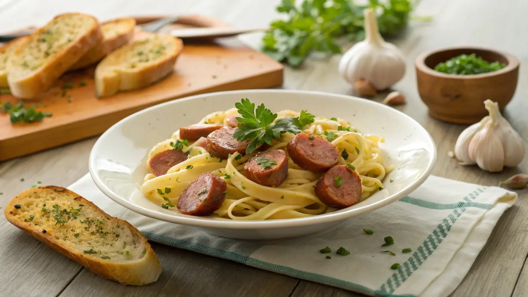 Delicious kielbasa and pasta recipe with fresh garnish