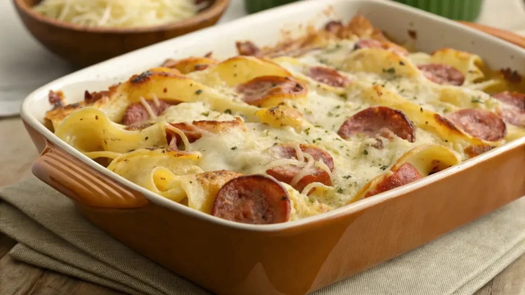 Baked kielbasa and pasta recipe with cheesy topping