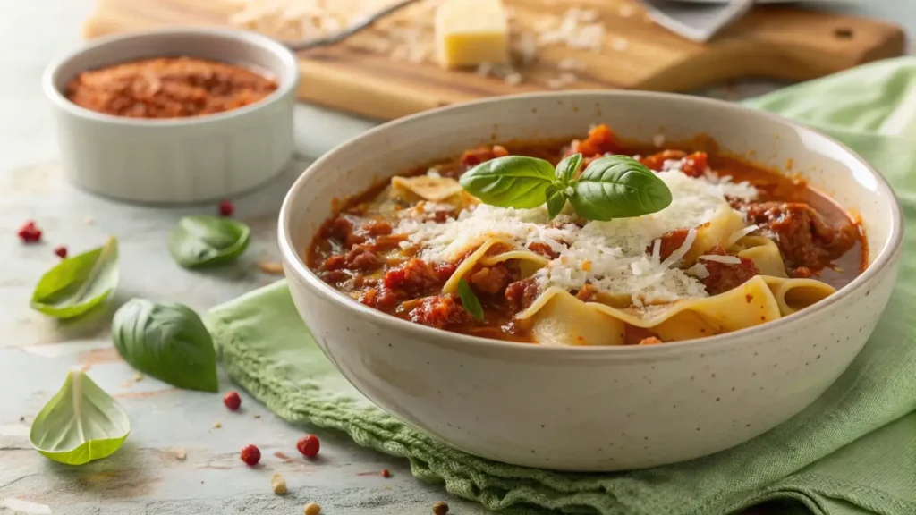 Garnishing crockpot lasagna soup recipe with fresh toppings