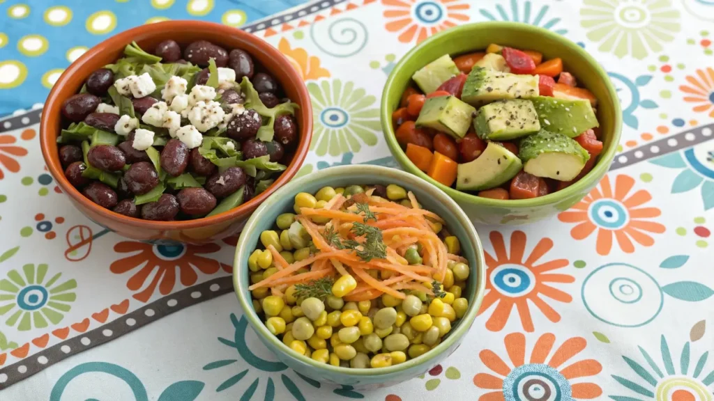 Dense bean salad variations in bowls