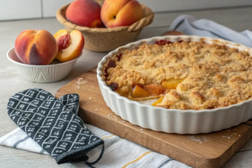 Golden baked peach crumble fresh from the oven