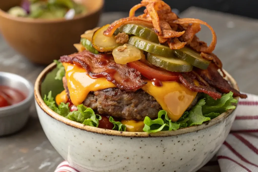 Layered burger bowl recipe ready to serve