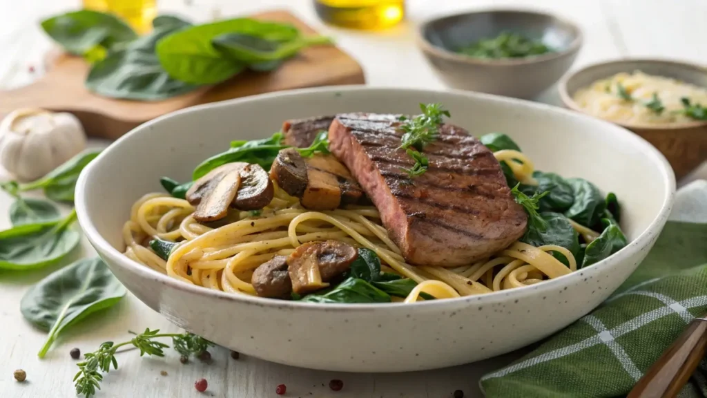 Healthy whole-wheat steak pasta