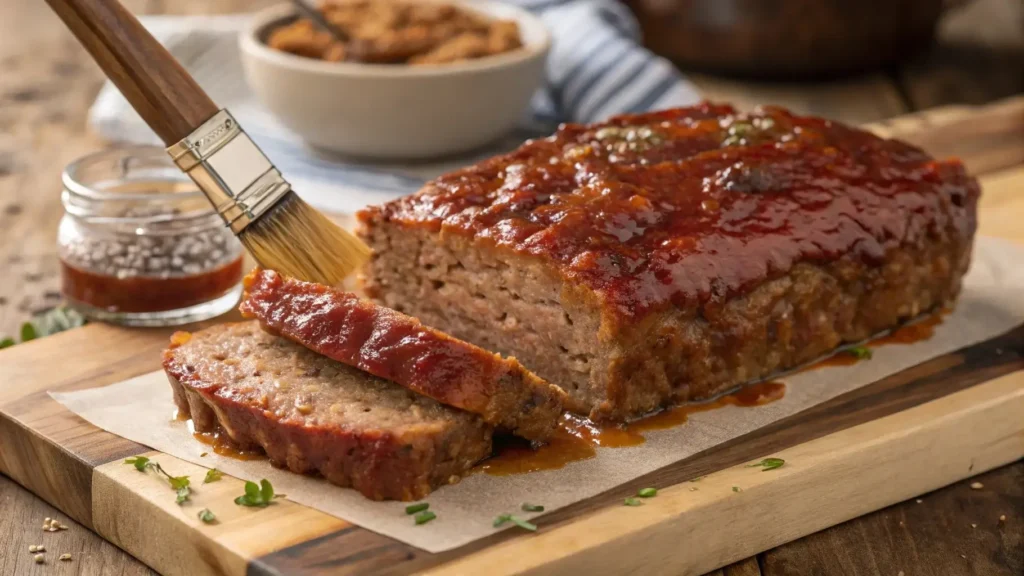 Glaze being brushed over Cracker Barrel Meatloaf in a baking pan