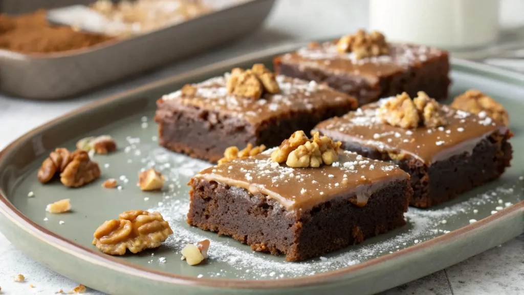 Banana bread brownies with brown butter glaze and walnuts