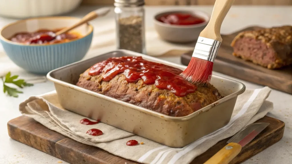 Lipton onion soup meatloaf glazed with ketchup before baking