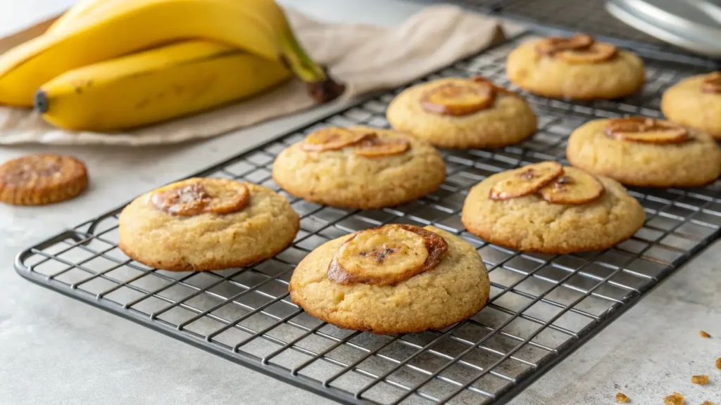 Freshly baked banana bread cookies cooling on rack