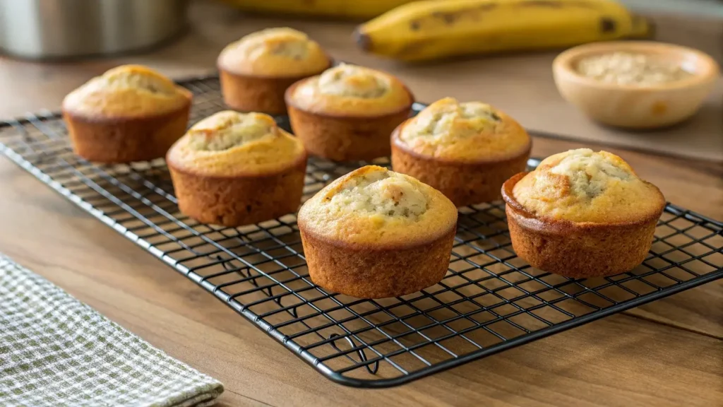 Freshly baked banana bread mini muffins cooling on rack