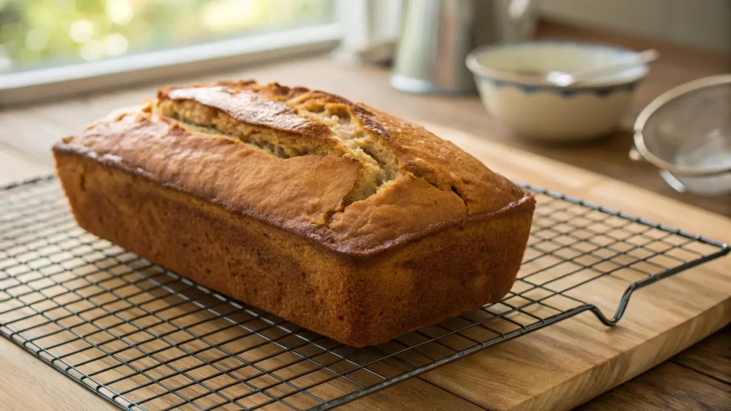 Freshly baked cake mix banana bread cooling on rack