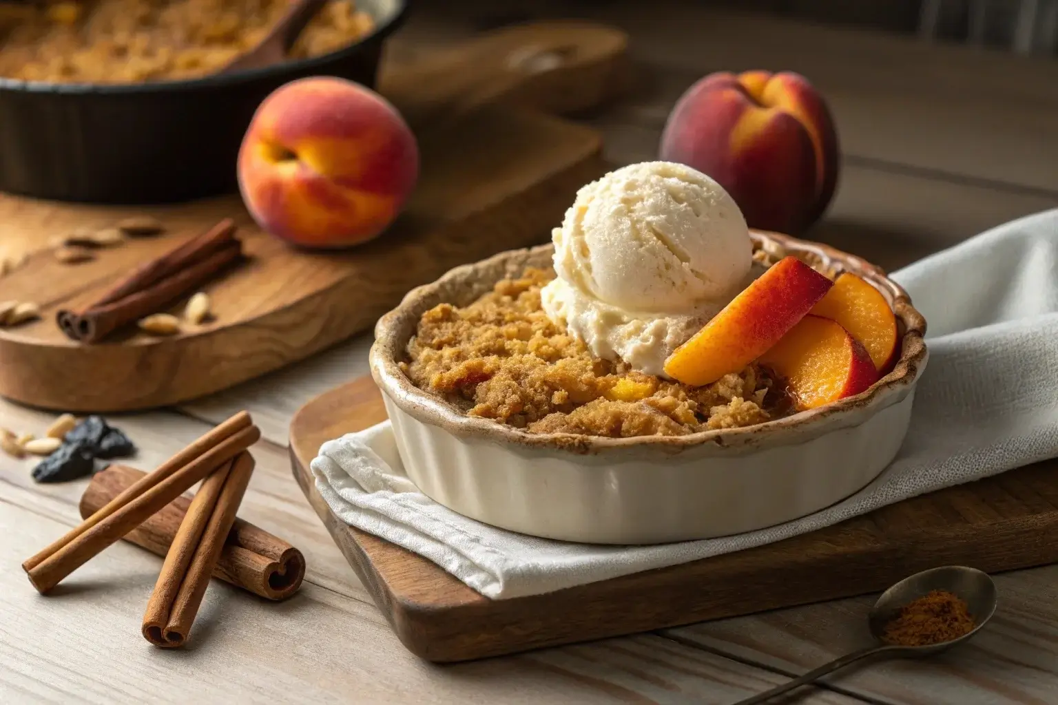 Peach crumble recipe with a golden oat crust and vanilla ice cream