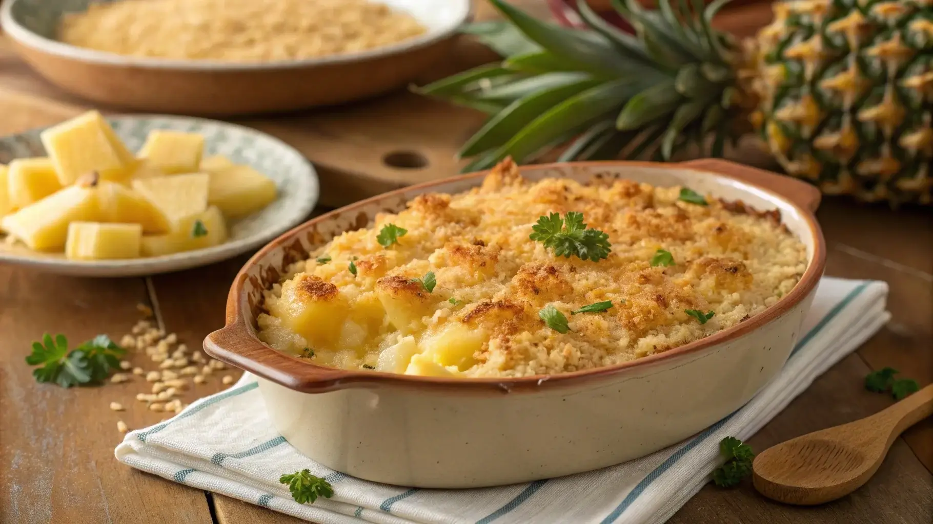 Freshly baked pineapple casserole recipe with golden cracker topping