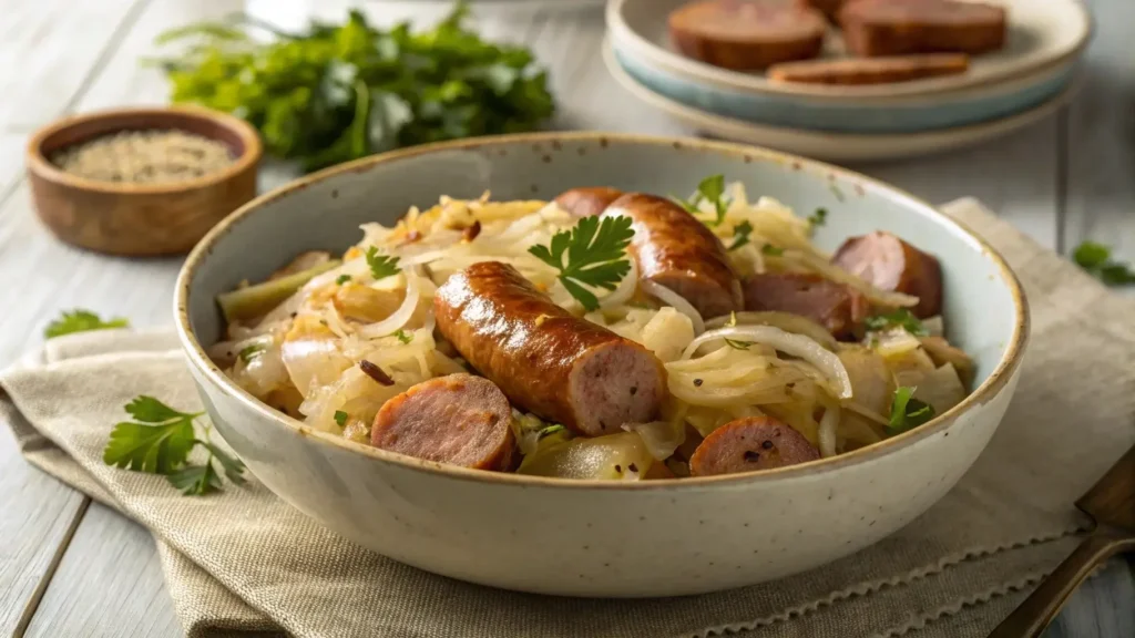 Bowl of cabbage and sausage with parsley