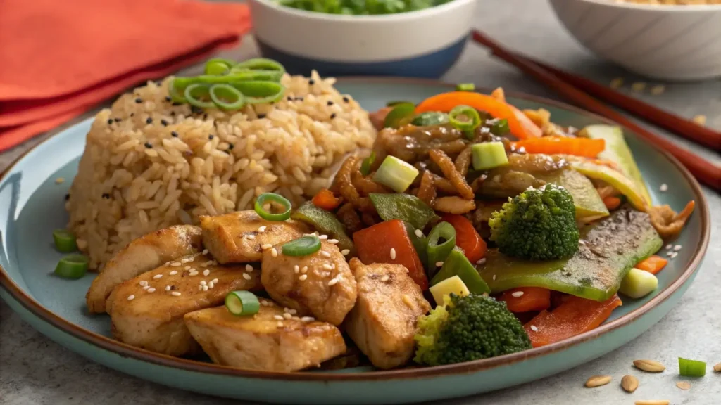 Plated hibachi chicken recipe with fried rice and vegetables