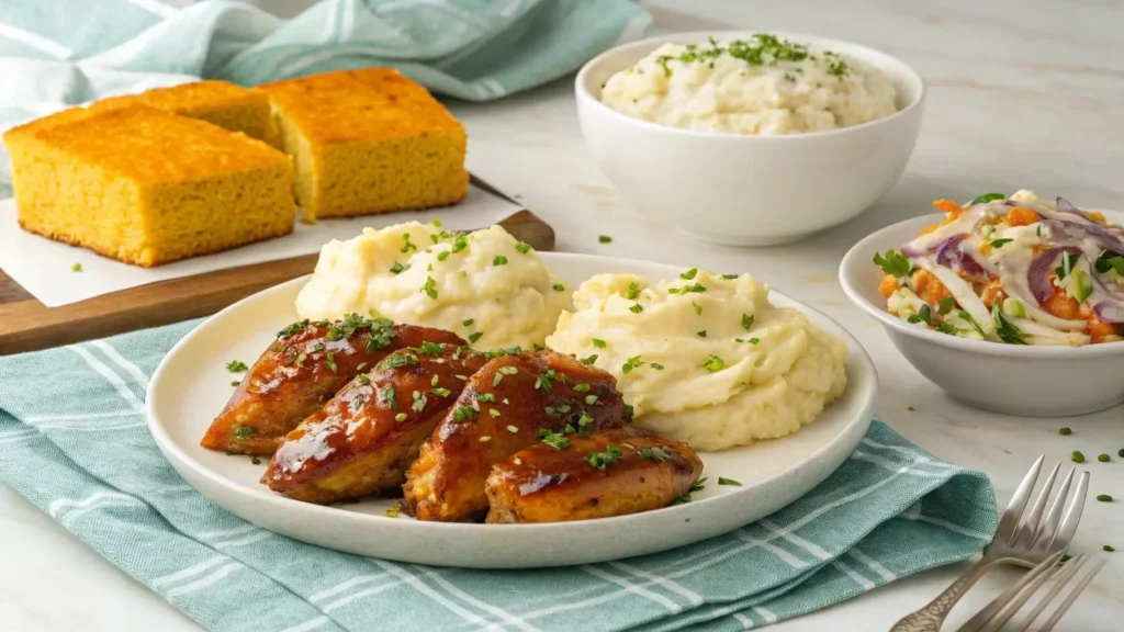 Plated hot honey chicken recipe with classic comfort sides