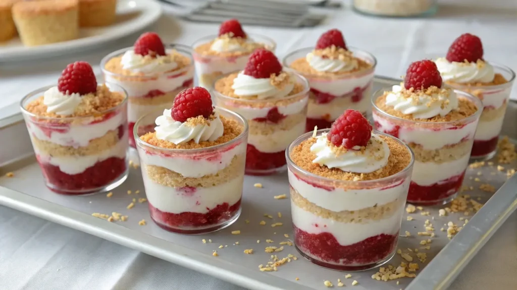  Individual servings of Raspberry Zinger Poke Cake in dessert cups