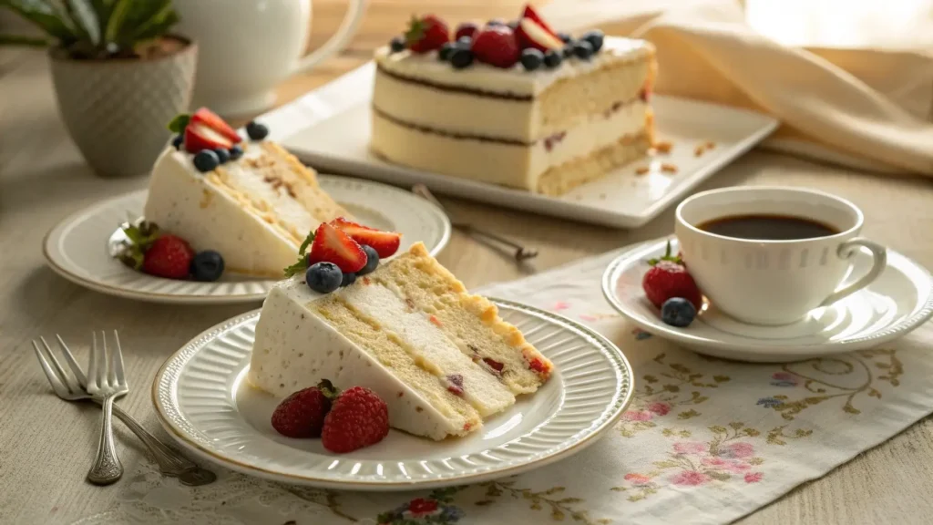 Italian Cream Cake served with berries and coffee