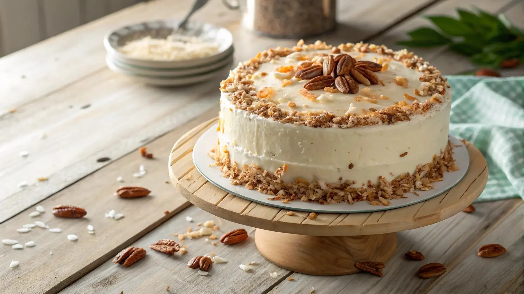 Italian Cream Cake with cream cheese frosting and pecans