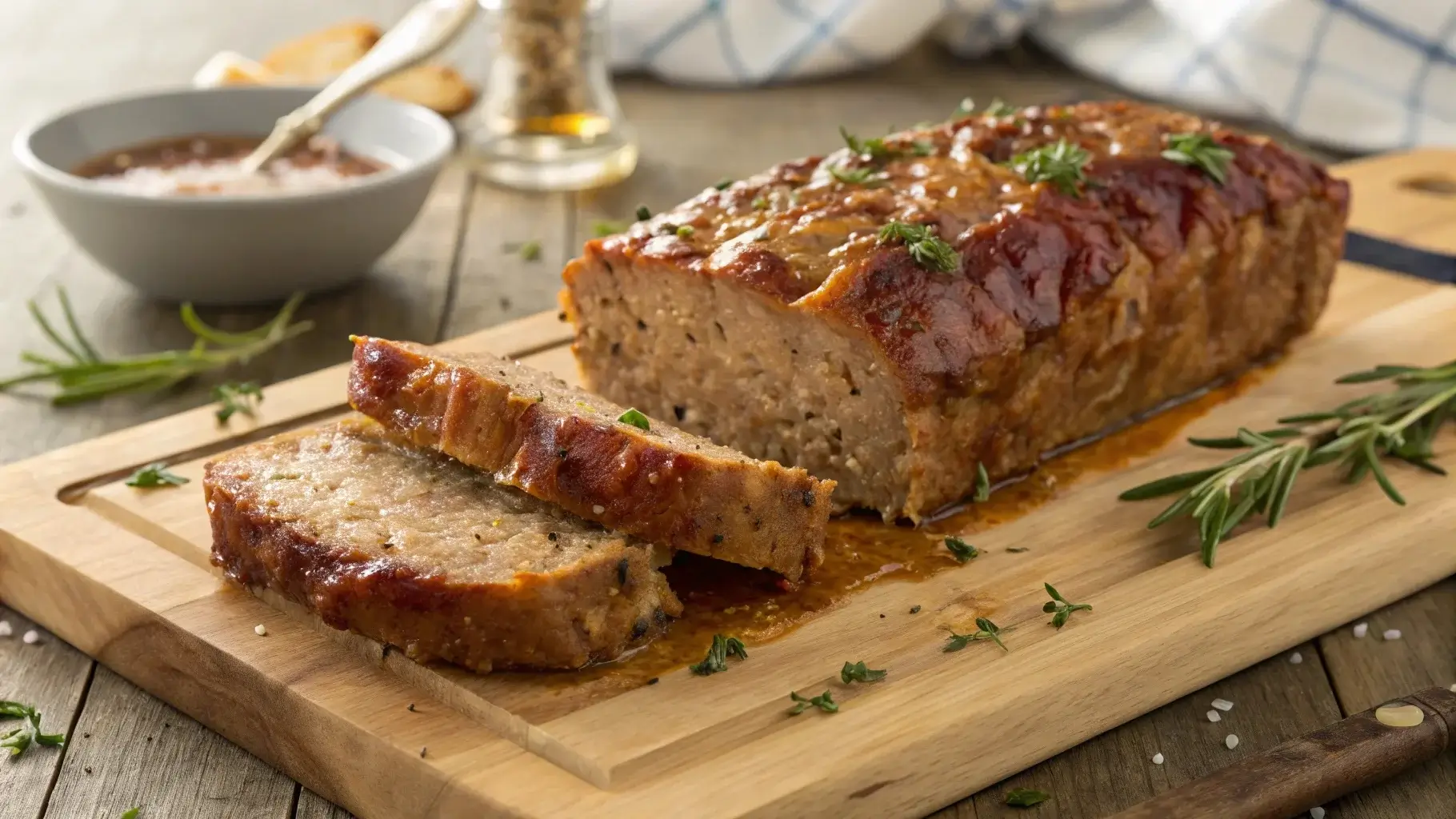 Sliced Lipton onion soup meatloaf with glaze on cutting board