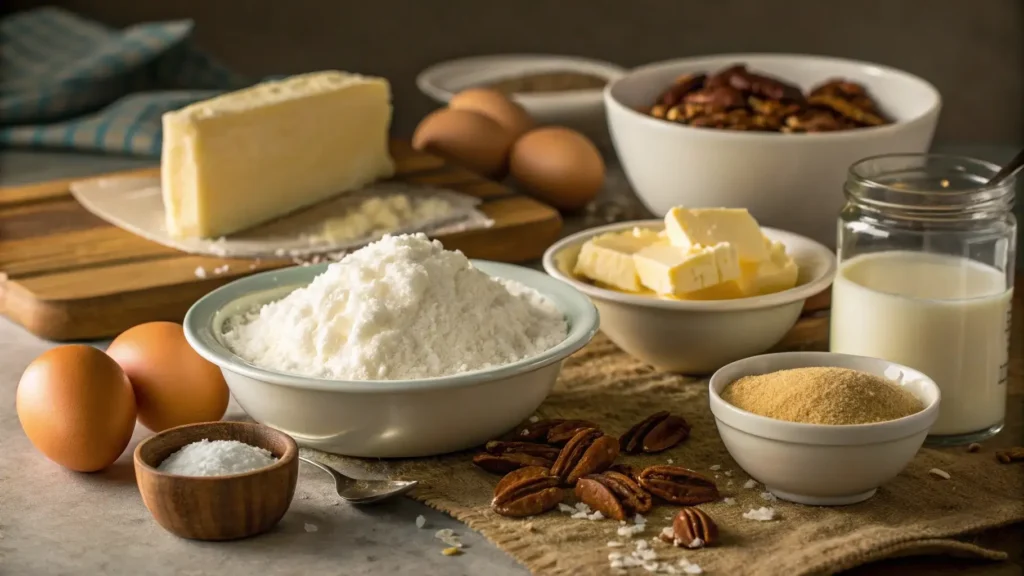 Ingredients for Italian Cream Cake on a rustic countertop