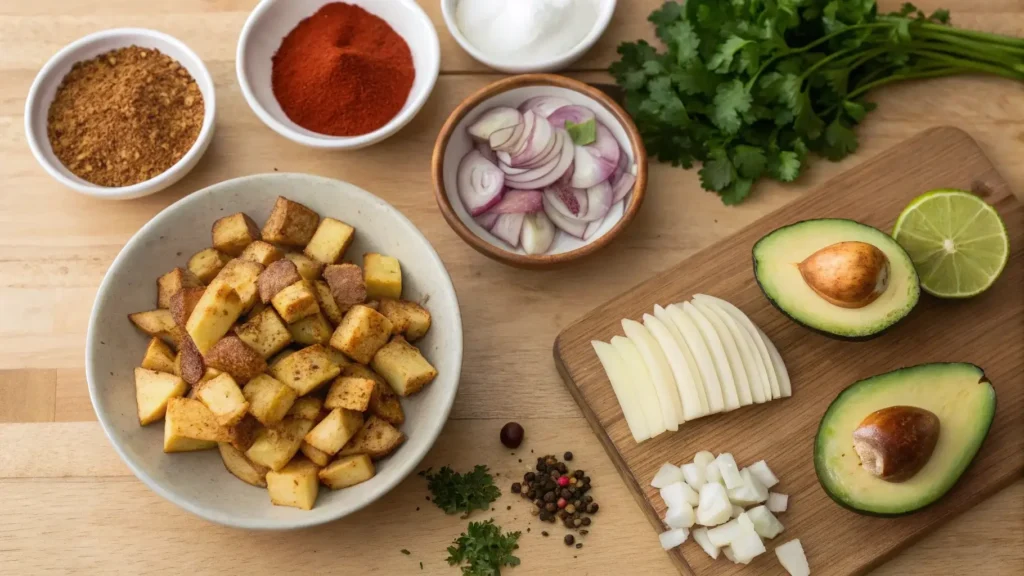 Ingredients for Mexican Potatoes Breakfast laid out on a wooden surface