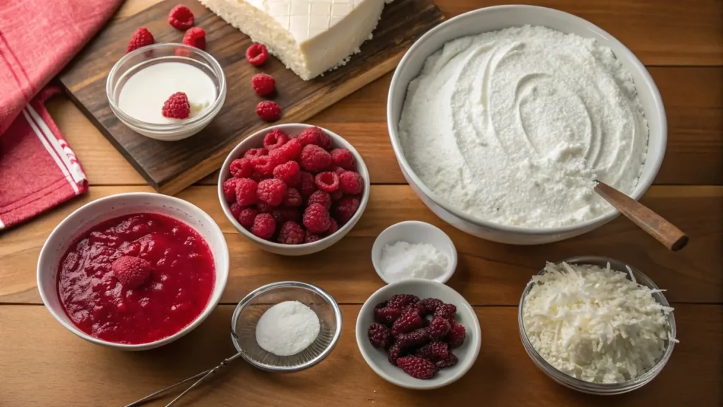  Ingredients for Raspberry Zinger Poke Cake on a wooden counter