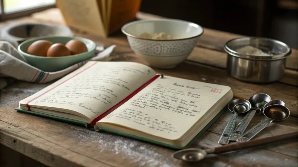 Recipe journal, measuring spoons, and cookbook on a kitchen table