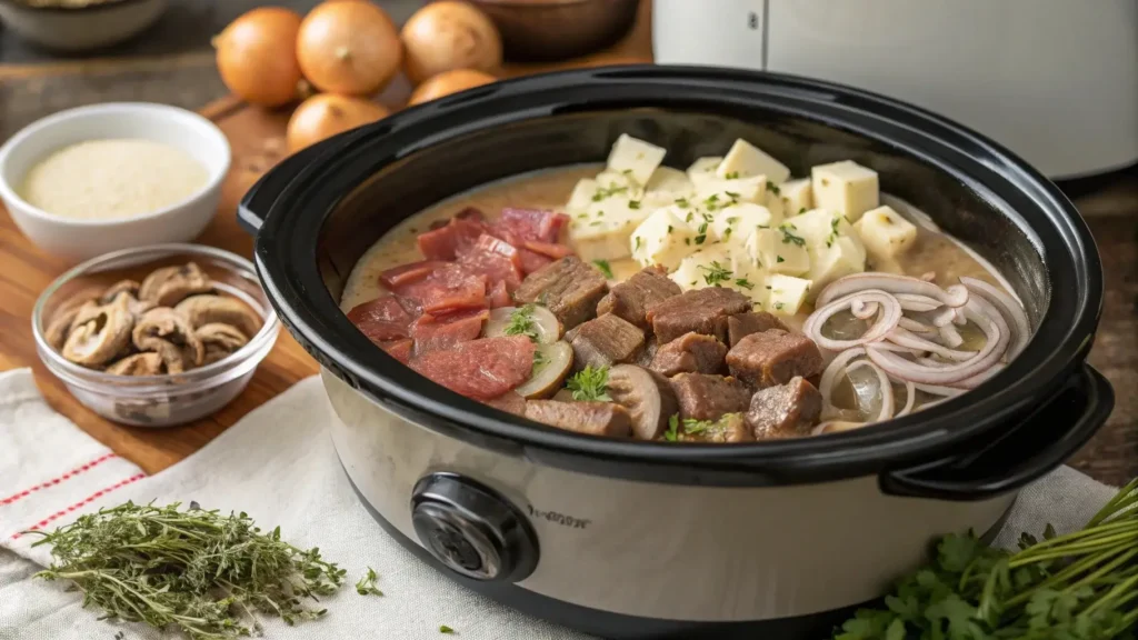 Cube steak crock pot ingredients layered with onions and gravy