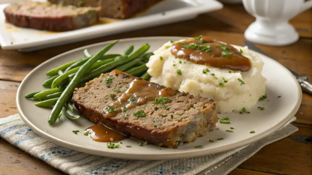 Lipton onion soup meatloaf served with mashed potatoes and green beans