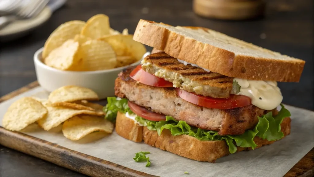 Leftover Lipton onion soup meatloaf sandwich with chips