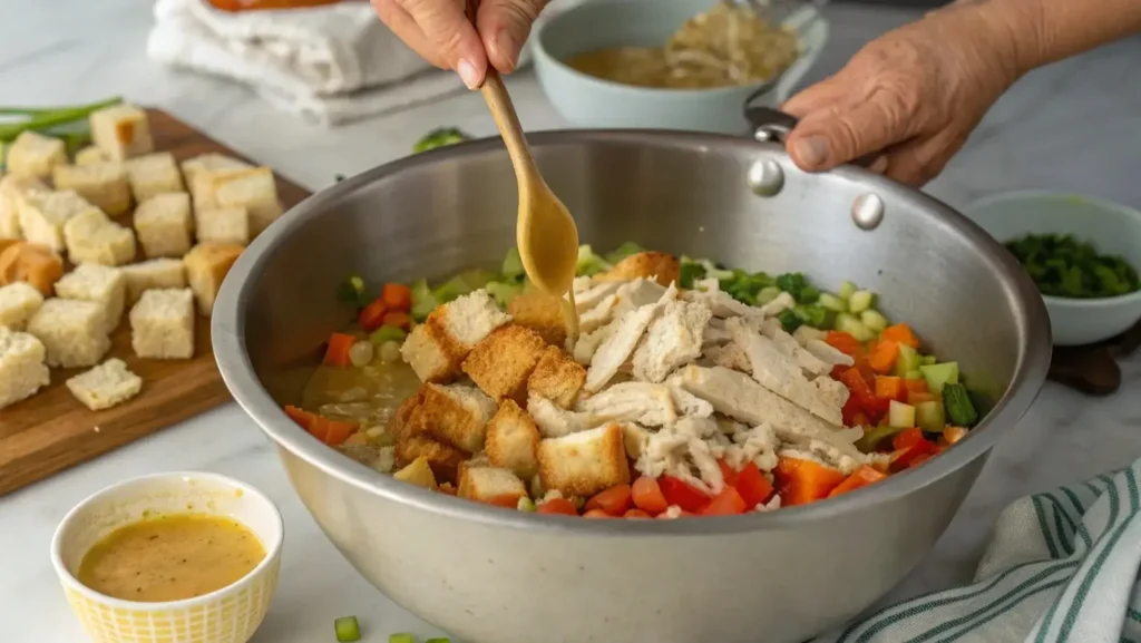 Assembling chicken dressing recipe in a large mixing bowl