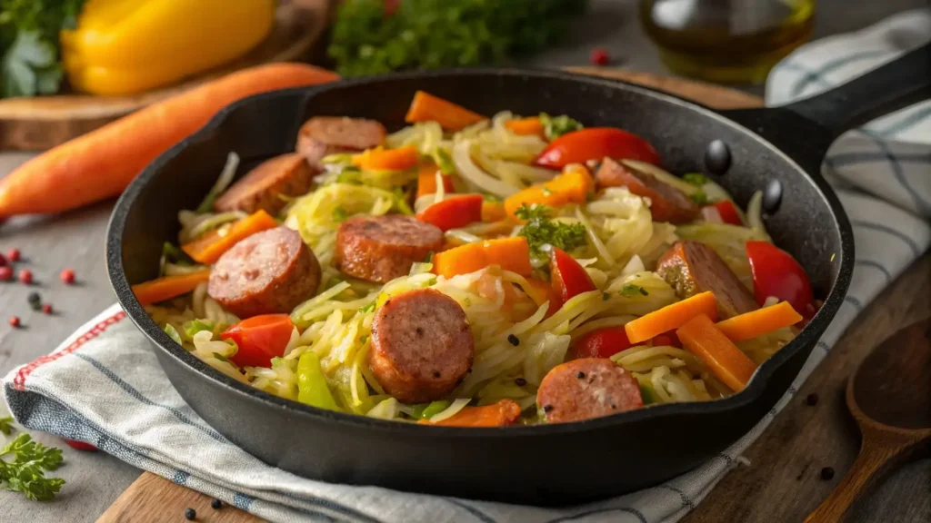 One-pan cabbage and sausage in skillet