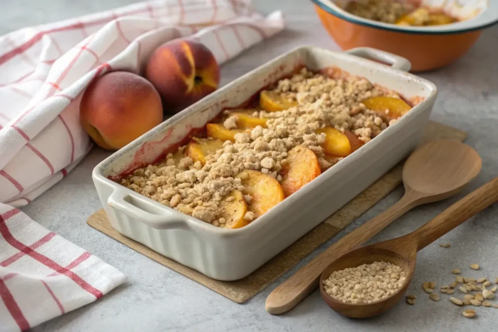 Peach crumble assembled and ready to be baked