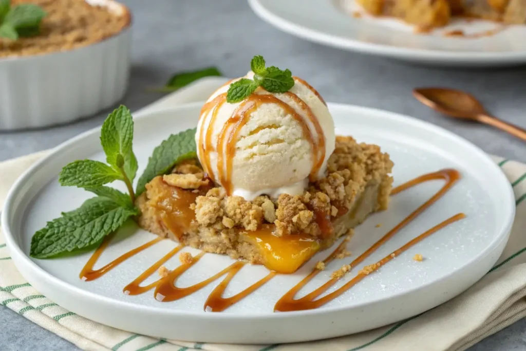 A serving of peach crumble with vanilla ice cream