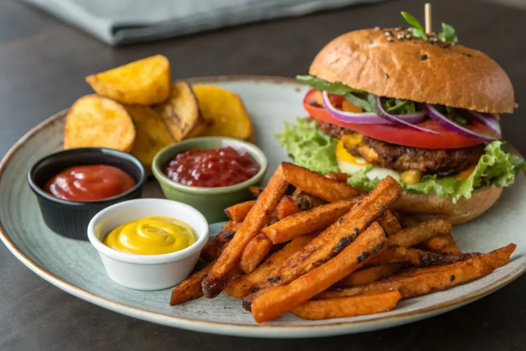 Sweet potato fries paired with a burger bowl recipe