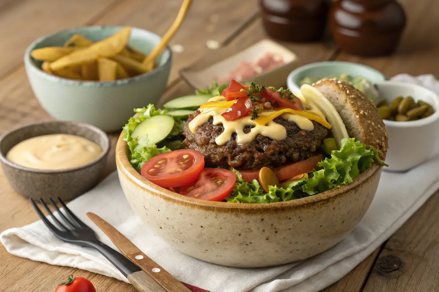 Burger bowl recipe with beef, cheese, and veggies