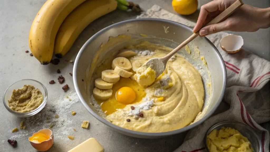 Mixing batter for banana bread mini muffins recipe