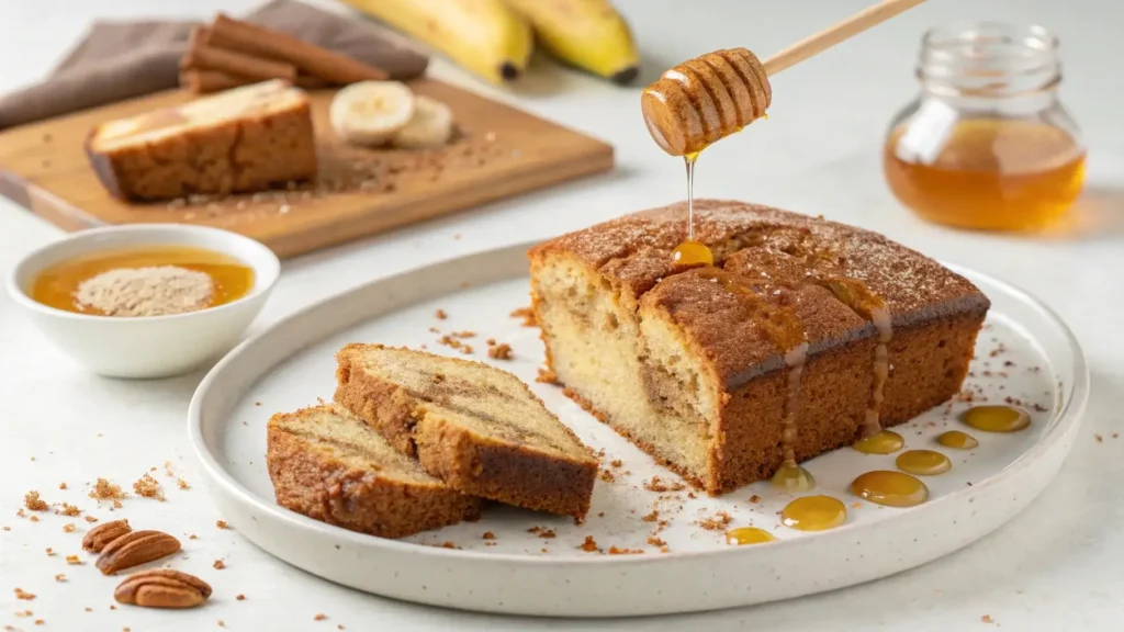 Slice of cake mix banana bread recipe with honey drizzle