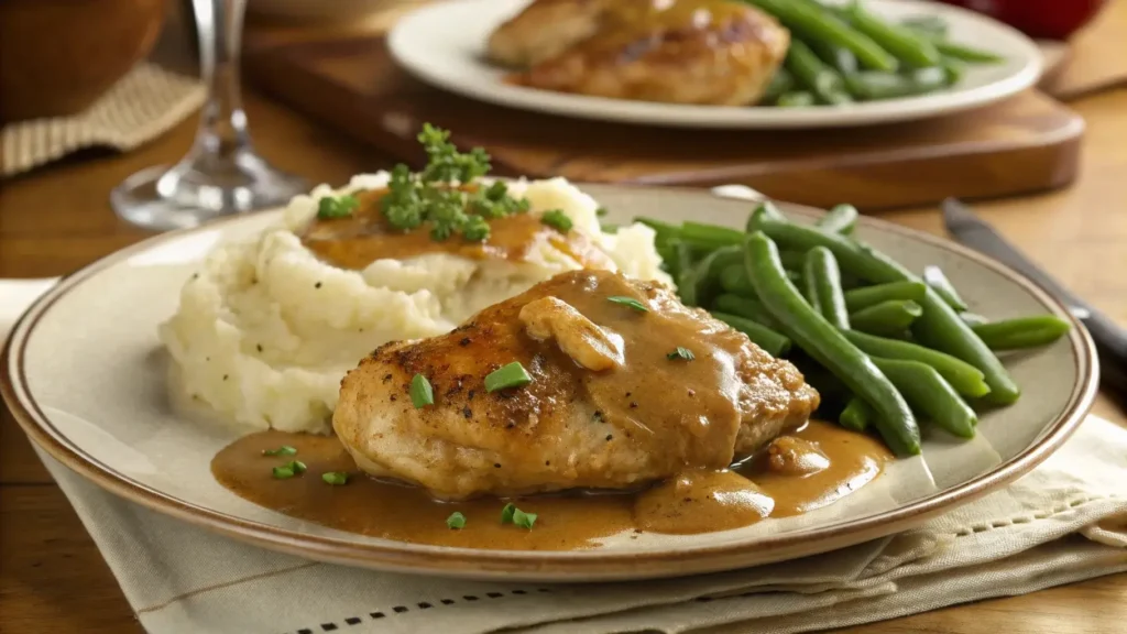 Chicken and gravy served with mashed potatoes and green beans