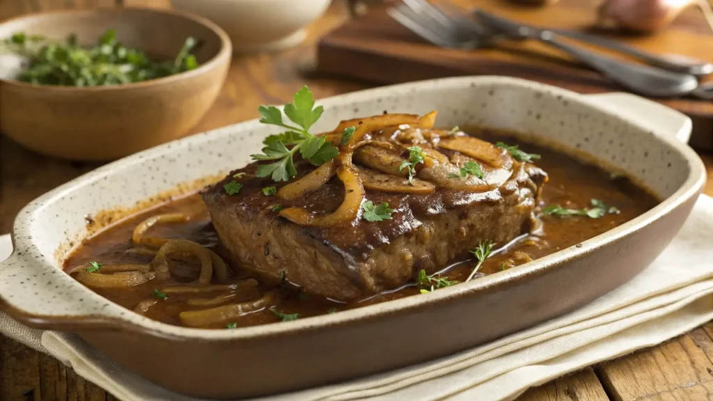 Cube steak crock pot recipe with rich gravy and fresh herbs