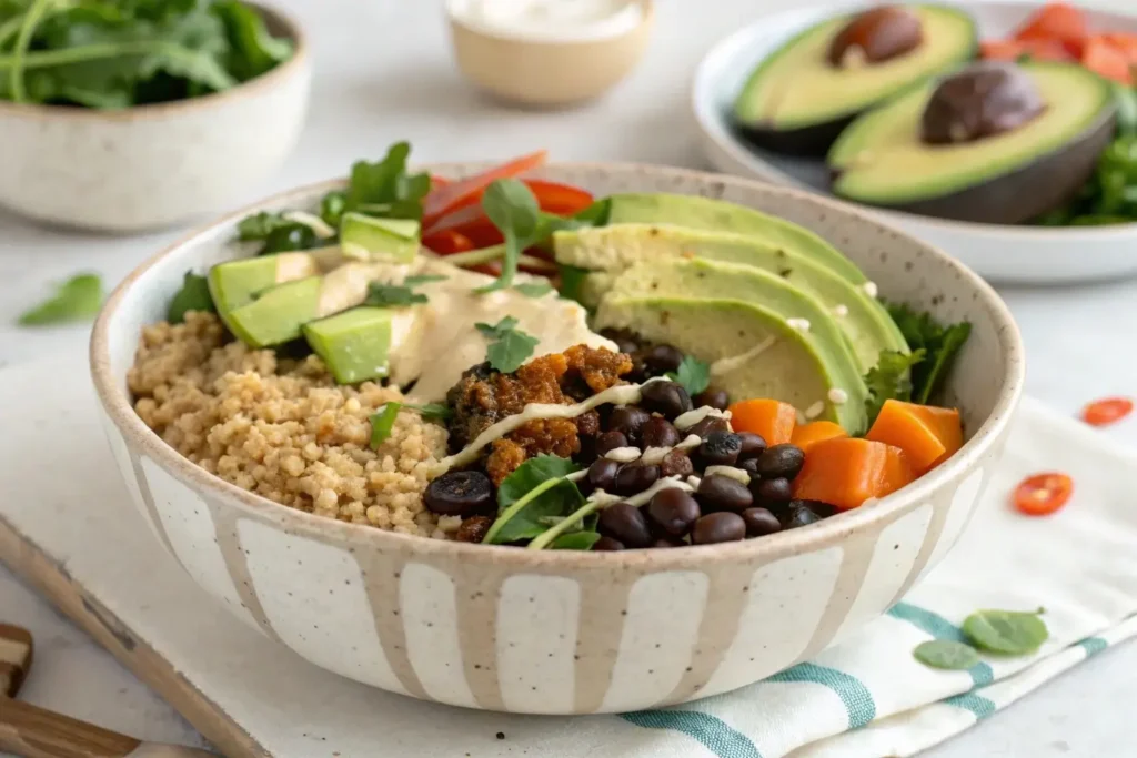 Vegan burger bowl recipe with quinoa and veggies