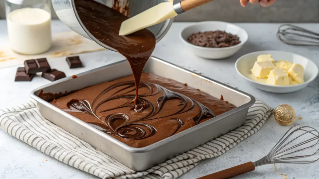 Pouring batter for banana bread brownies recipe into a pan